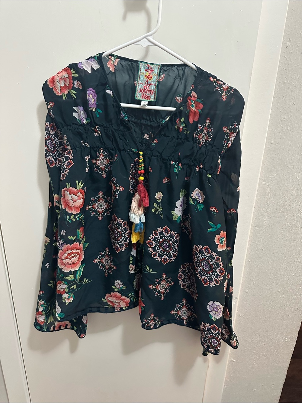 Johnny Was Navy Floral Medallion Peasant Blouse with Tassels - Picture 2 of 4